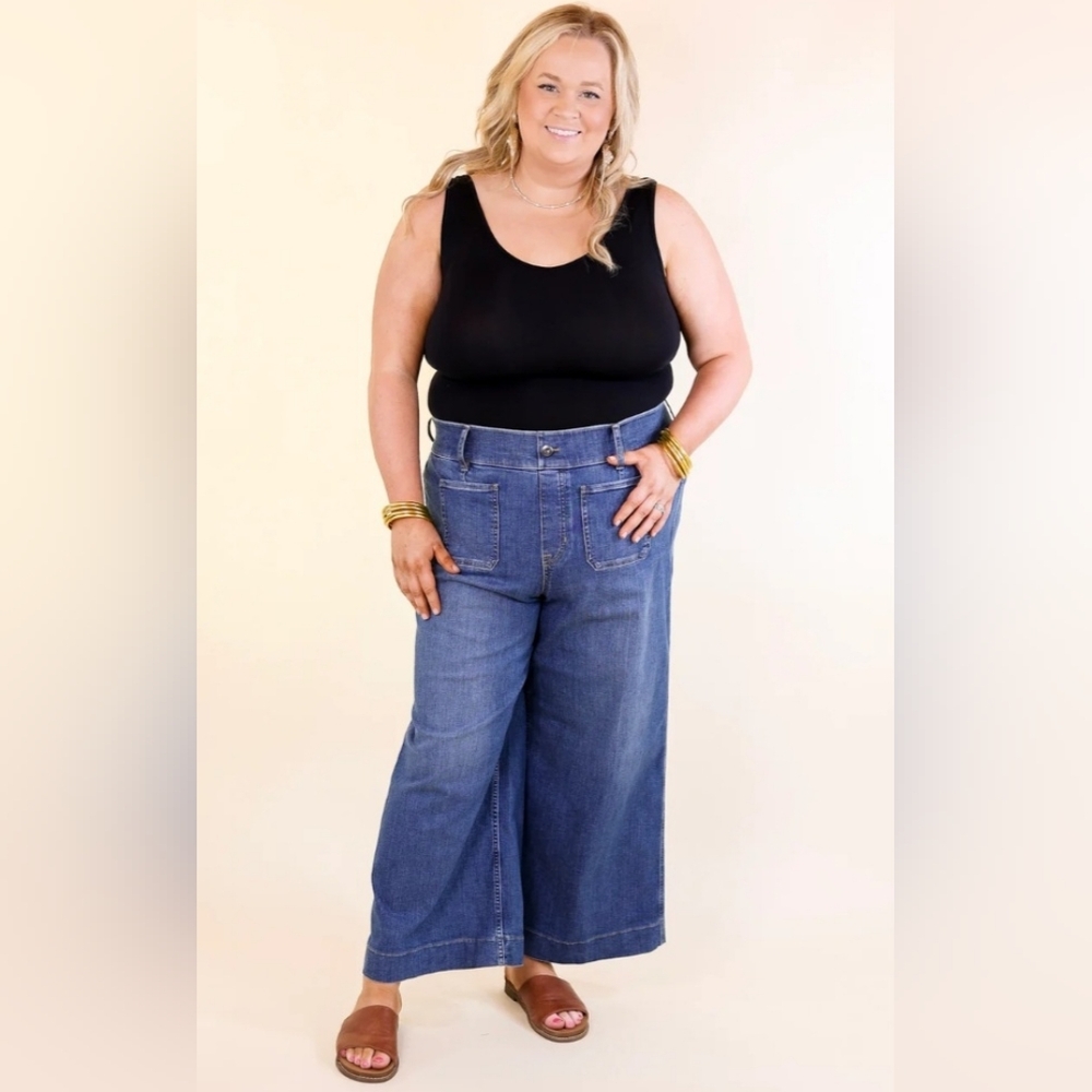 SPANX Cropped Wide Leg Denim Jeans With Pockets
